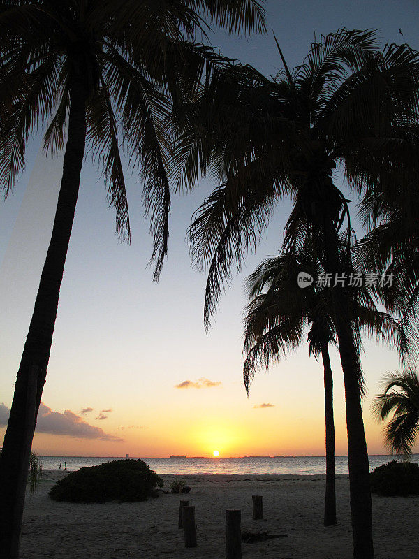 日落在普拉亚北岸的加勒比岛Isla Mujeres，墨西哥